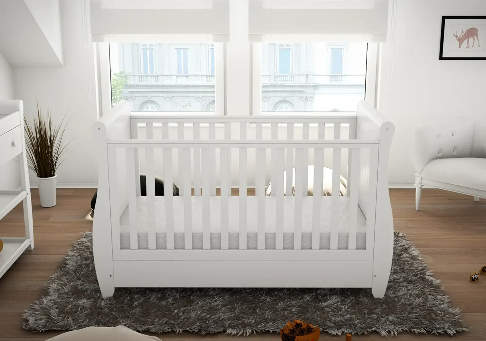 STELLA SLEIGH DROP SIDE COT BED – WHITE