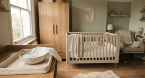 Wooden nursery cot bed and wardrobe being cleaned with a soft cloth and mild soap solution