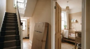 measure across a doorway with a flat-pack furniture box and staircase icon