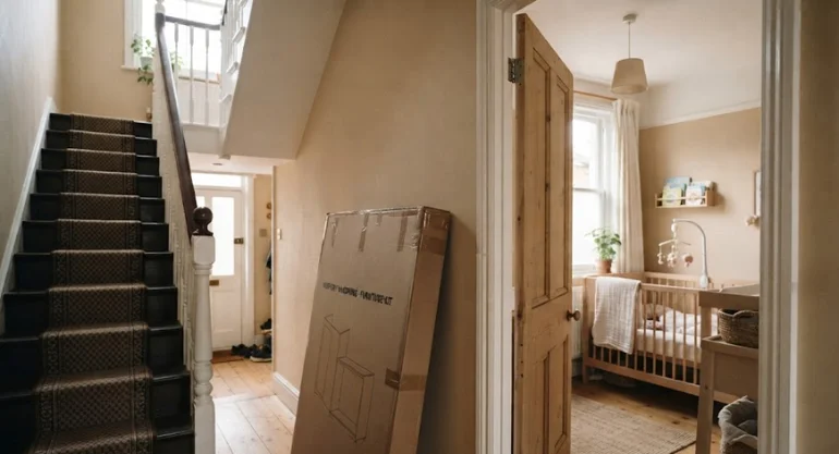 measure across a doorway with a flat-pack furniture box and staircase icon