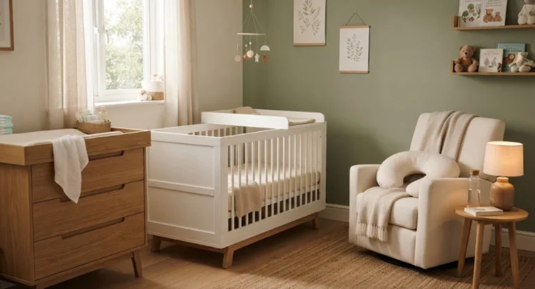 Nursery chest changer and cot top changer in a modern baby room setup