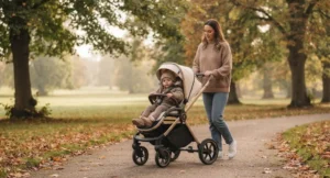 Babymore travel system pushchair being used for a toddler on a nursery run