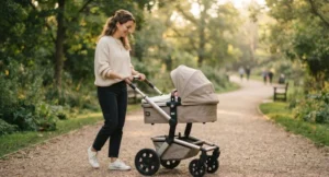 Parent pushing a newborn pushchair with carrycot suitable from birth