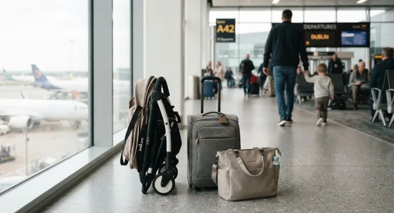 Lightweight travel pushchair folded compactly beside luggage at airport terminal