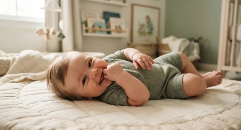aby chewing on their hand during early development and teething stage