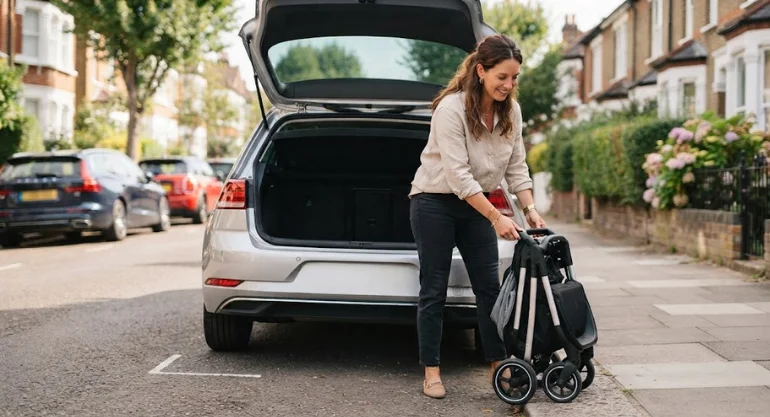 Parent folding a compact pushchair with one hand next to an open car boot