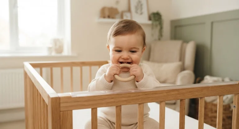 Baby chewing on a wooden teething ring while sitting in a cot with a teething rail