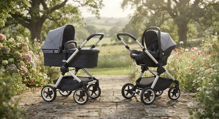 2-in-1 pram pushchair with carrycot next to a 3-in-1 travel system with infant car seat