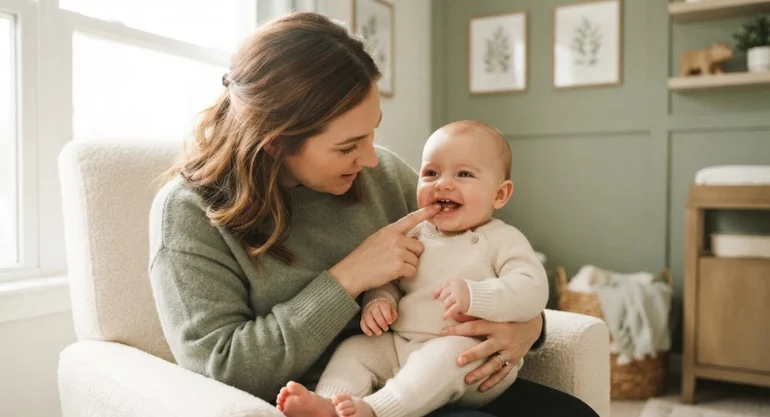 Mother gently massaging her baby's gums with a finger to soothe teething pain
