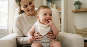 Happy baby drooling while teething, sitting in parent's lap wearing a soft bib