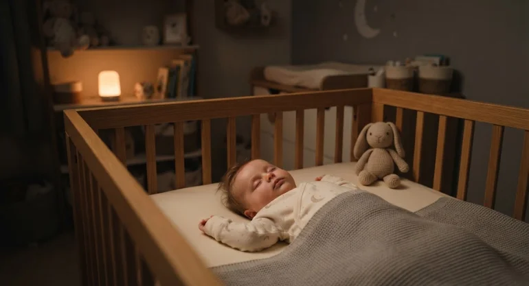 Baby sleeping peacefully on their back in a cot at night during teething