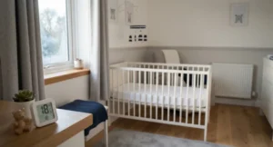 Cosy winter nursery with a bare white cot and a room thermometer showing 18°C