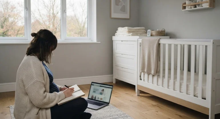 Parent-to-be planning a nursery budget before Black Friday in a partly furnished nursery