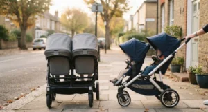 Side-by-side and tandem double pushchairs compared on a UK pavement