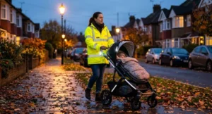 Parent pushing a pushchair along a lit pavement at dusk wearing a hi-vis jacket