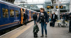 Parent folding a compact pushchair at a UK train station platform with a baby in a carrier