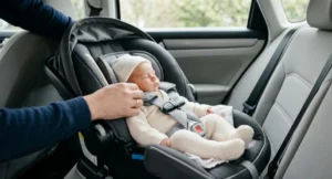 Infant car seat clicking onto a pushchair frame with an adapter