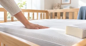 Parent pressing a firm foam cot mattress to check it springs back