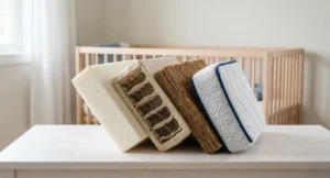 Firm white cot mattress fitted snugly in a wooden cot in a bright nursery