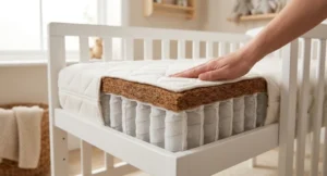 Close-up of a pocket sprung baby mattress showing coir layer and breathable cover