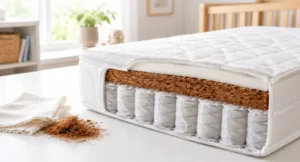 Cutaway of a cot mattress showing coir, pocket springs and a removable cover