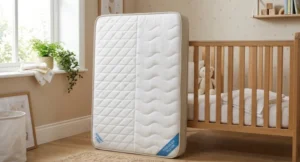 Dual-sided cot mattress showing the firm infant side and softer toddler side