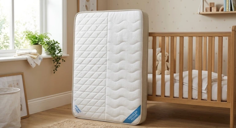 Dual-sided cot mattress showing the firm infant side and softer toddler side