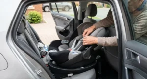 Child car seat fitted on the back seat of a grandparent’s car