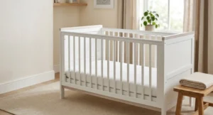 White baby cot with a fitted mattress in a modern nursery