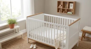 White baby cot with a 120 x 60 cm mattress and tape measure showing its length
