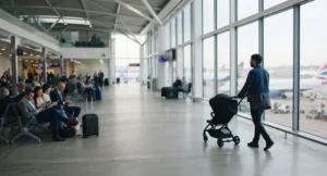 Parent pushing a lightweight compact stroller through an airport departure hall before a family flight